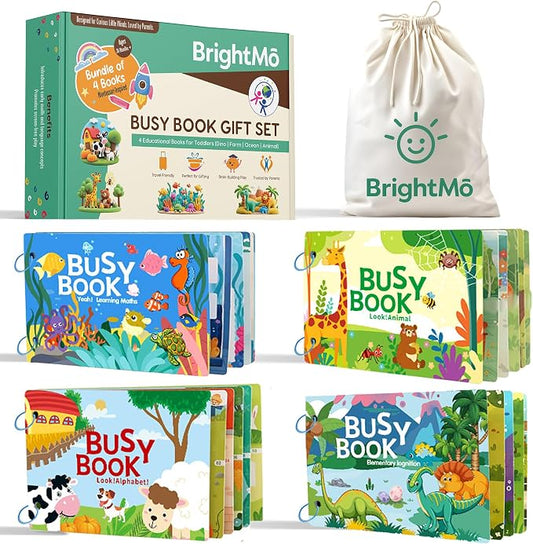 Montessori Busy Book for Toddlers 3+ – 4 Laminated Preschool Activity Books with Velcro Pieces, Dinosaur Farm Ocean Animal Themes, Screen-Free Travel Quiet Book Set