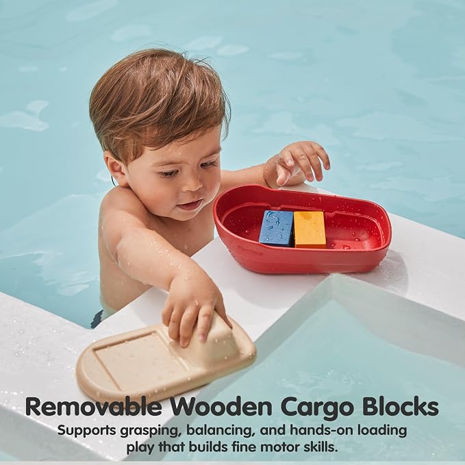 PlanToys® Cargo Ship Bath Toy for Toddlers Floating Boat Water Play Kids | floating boat, cargo blocks, cars bath toys, girls, boys, montessori educational, imaginative fine motor gift preschool set