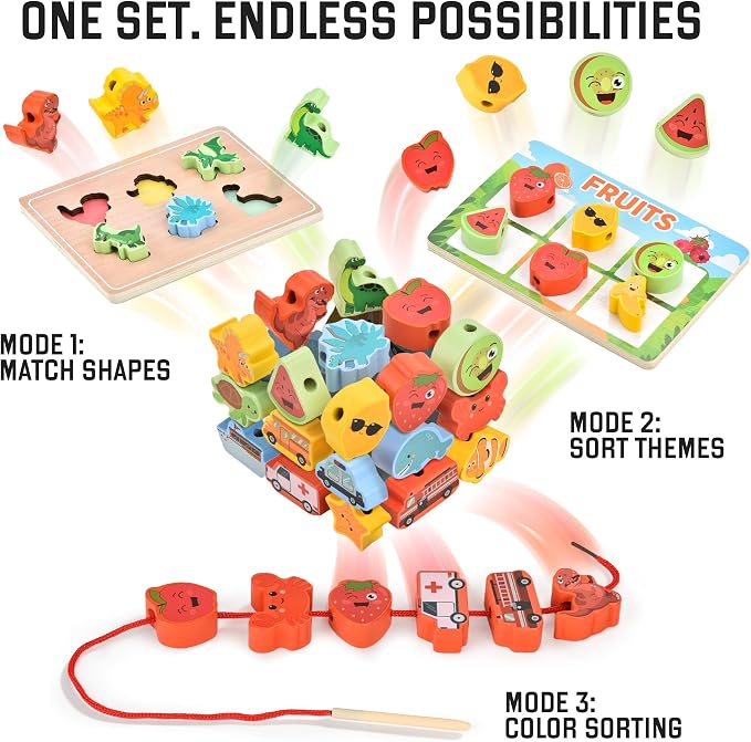 Montessori Wooden Toys for Toddlers 2 3 4: 3-in-1 Theme Sorting, Shape Matching & Color Learning Set - Dinosaur Ocean Vehicle Fruit Chunky Boards - Fine Motor Skills Speech Therapy Gifts