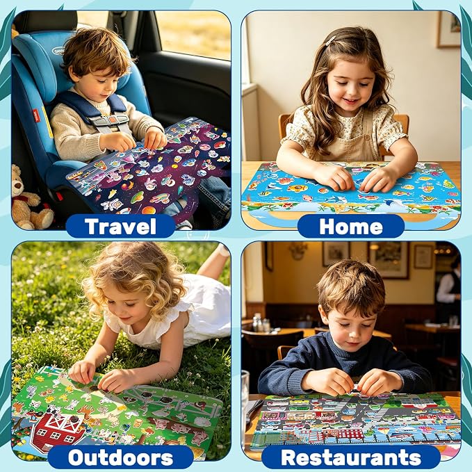 Elfew 6Pack Reusable Sticker Books for Toddlers 2-4 3-5 | 3D Puffy Stickers, 6 Themes, Waterproof, Mess-Free Sticker Activity Book, Travel Toys Birthday Gifts for Boys Girls