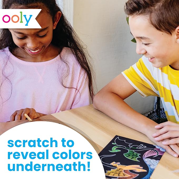 Ooly Scratch & Scribble Art Kit, 8 Cards, Sticker Sheet – Dragons | Ages 6+, Wooden Stylus and Stickers Included, Screen-Free Portable Car and Airplane Travel Activity, Gift for Kids
