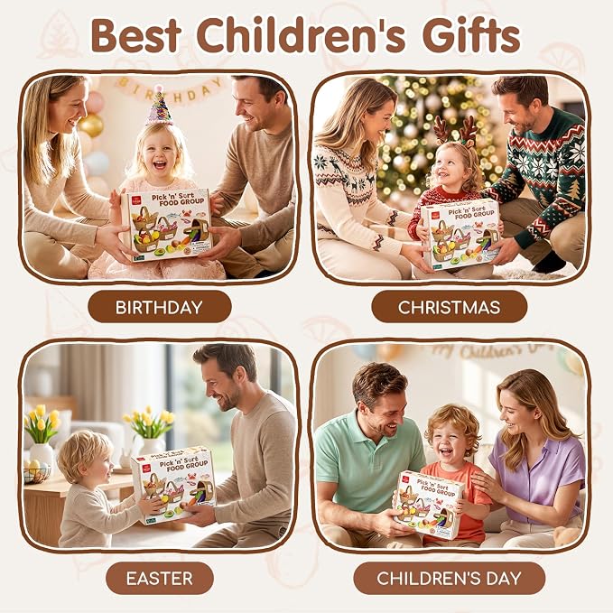 Lehoo Castle Wooden Play Food Set for Toddlers, Play Kitchen Accessories | Pretend Play Cutting Toys, 4 Baskets with Fruits Vegetables Meats Breads, Montessori Sorting Toys for Girls Boys Kids 3-5