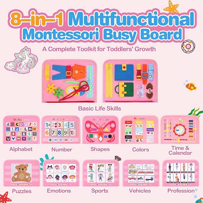 GONINO Toddlers Busy Book for 1-3 Year Old Girls, Montessori Busy Board | Fine Motor Skills Sensory Toy, Travel Toys for Airplane Car, Baby Activities Books, Pink Gift for Girls