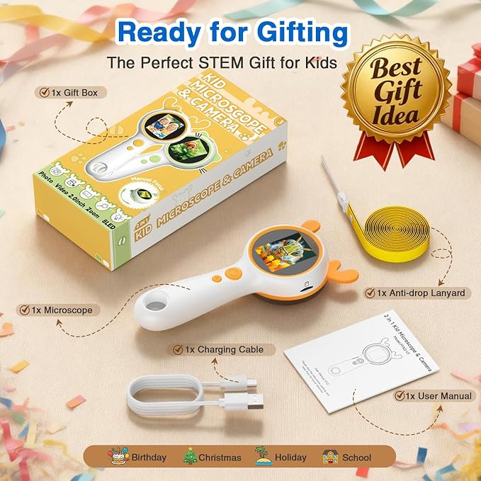 Kids Microscope Orange Deer - Digital Handheld STEM Kit & 1080P Camera (600x Zoom) - Portable Science Toy for Outdoor Camping & Backyard Fun - Gift for Boys & Girls Age 5-12
