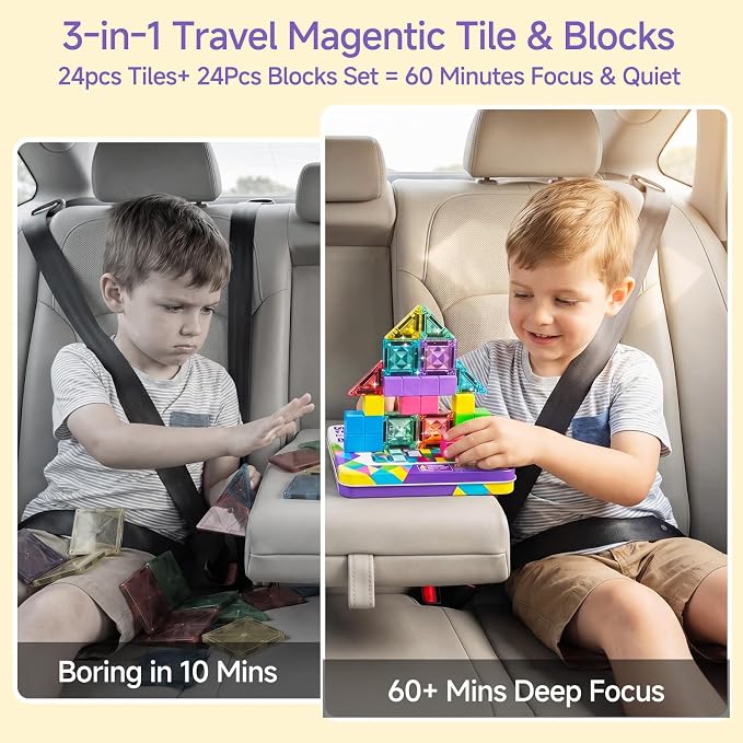 burgkidz Magnetic Tiles Travel Set: 48PCS 3-in-1 Tin Box Mini Magnet Blocks | 60-Mins Quiet Focus with 45-Second Cleanup, Perfect for Air Travel & Car Trips Boys & Girls Ages 3-8