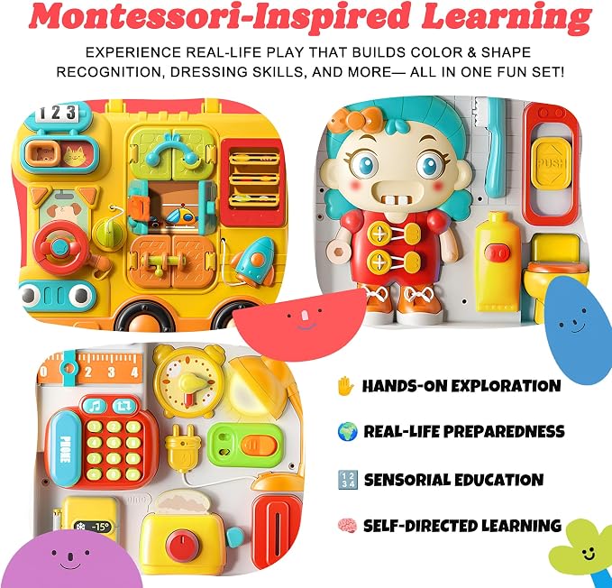 Busy Board for Toddlers 1-3, Musical Travel Activity Toys | Portable Montessori Activity Board with Lights & Music, Fine Motor Skills, Educational Developmental Toys Indoor, Outdoor