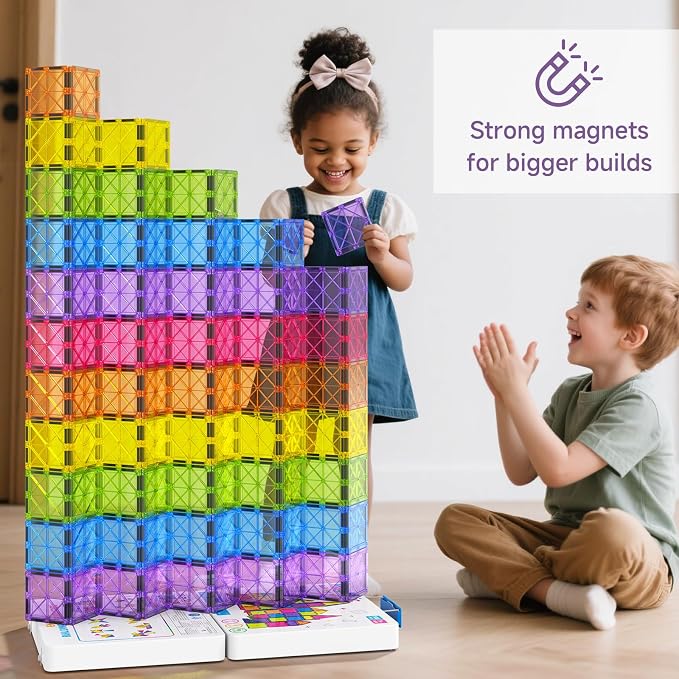 Premium Magnetic Tiles 100pcs: Durable STEM Building Blocks Kids 3-8 | Iron case with handle, lid as play base. 7.5cm tiles, sealed, ASTM & CPSIA safe. Montessori STEM for preschool. Gift 3-8