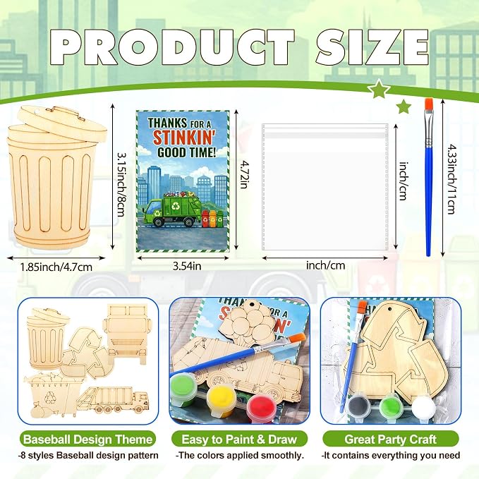 Saypacck 24 Pcs Garbage Truck Party Favors Wooden Paint Craft Kits | Kids DIY Wooden Craft, Trash Truck Cutout with Paints Brushes, Birthday Party Goodie Bags Fillers, Thank You Gifts