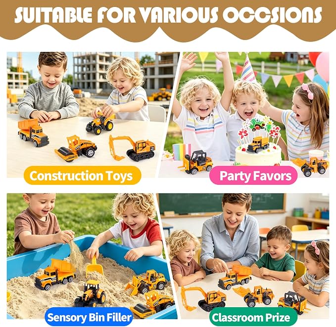 Oriate Diecast Small Toy Construction Vehicles, 6PCS Construction Toys Set | Bulldozers Forklift Excavator Alloy Construction Trucks, mini Toy Cars Model for Kids 3-5, Boys Girls Birthday Christmas Gift
