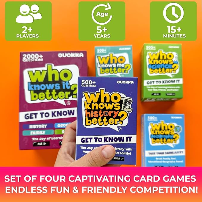 Card Games for Kids 8-12 - Set of 4 Board Family Games for Kids and Adults | Trivia Cards for Family Game Night - Who Knows It Better 2000+ Questions History, Geography, Science - Fun Card Game
