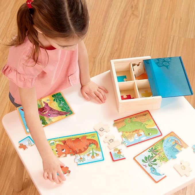B. toys Wooden Puzzles Pack o' Puzzles Pets & Dinos 2-Pack Set, 2 Pack | 8 wooden jigsaw puzzles in 2 storage boxes; 12 pieces each, pet and dinosaur themes, color-coded backs, 2 Pack; 3+ Years