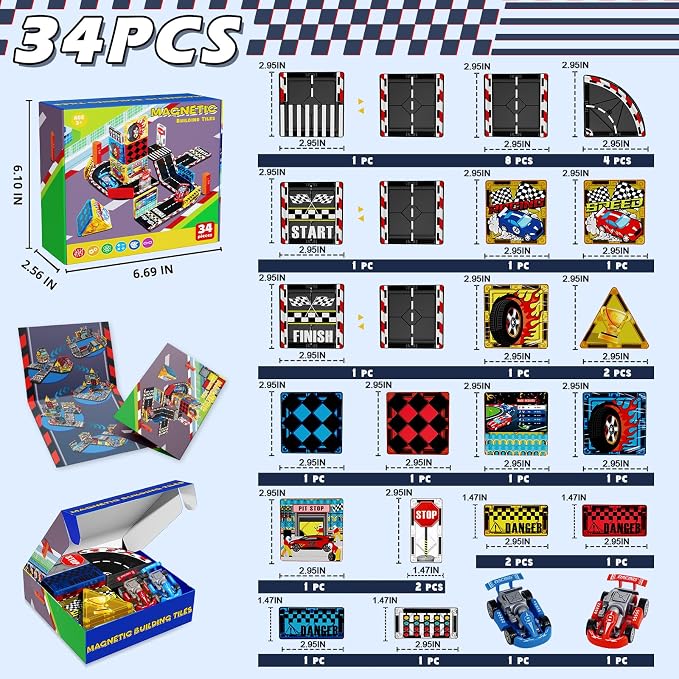 Magnetic Tiles Road Set | Magnet Tiles Race Track, Magnetic Car Racing Tile for Kids Ages 4-8 5-7, Magnetic Tile Rails Building Toys STEM Learning Sensory Birthday Gifts for 3+ Years Old Boys Girls
