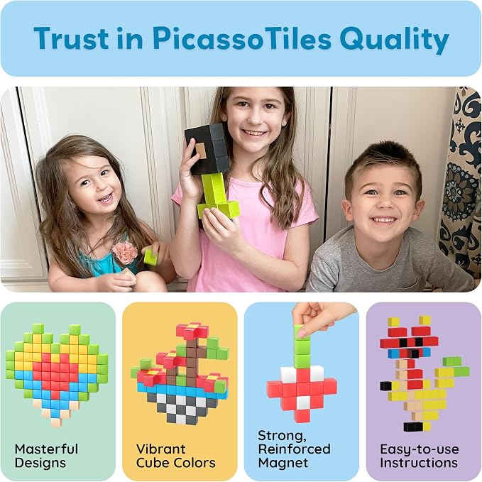 PicassoTiles 108 Piece Magnetic Cubes, 1 Inch STEM Building Set for Kids 3+ | 50+ design idea book included, hidden connector construction, BPA-free non-toxic materials, preschool ready, screen-free play