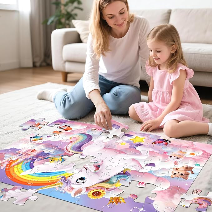 Jumbo Floor Puzzle for Kids,48 Piece 3D Unicorn Jigsaw Puzzle Ages 3-8 | Extra-Thick Easy-Grip Pieces Form a 35.4 x 23.6-Inch,Unicorn Puzzle,Preschool Learning Gift for Boys and Girls Ages 3-8