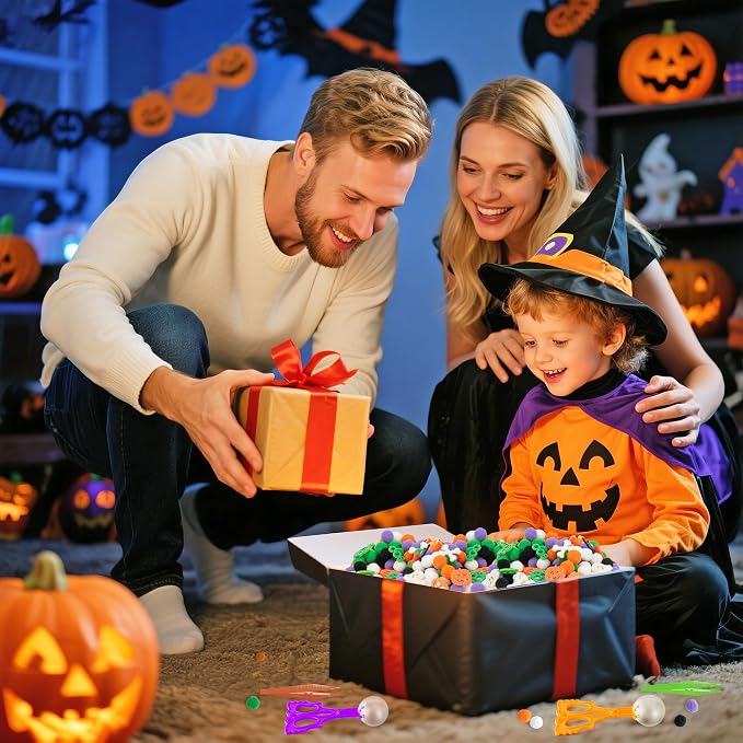 EZdhuawuse Halloween Sensory Bin Fillers - 269P Halloween Fine Motor Toys Sorting Stacking Toys for Kids, Glitter Felt Pumpkin Black Cat Hat Pom Poms for Preschool Education Early Development Activity