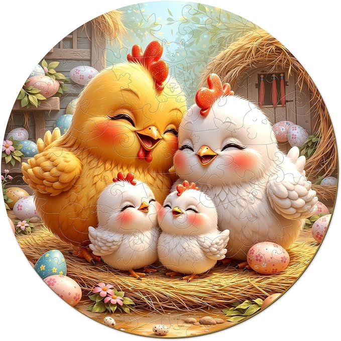 Animal Wooden Puzzles for Kids Ages 6-8 - Chicken Family | 50 Piece Puzzles for Kids Ages 6-8, Kids Puzzle with Unique Shapes, Round Puzzles for Girls and Boys (11.4 * 11.4 in)
