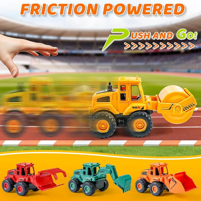Beestech Construction Toys for 3 Years Old Boys Girls Kids, Friction Powered Construction Truck Toys Vehicles Sand Toys Trucks Excavator, Bulldozer, Road Roller (Colorful 4 Pack)