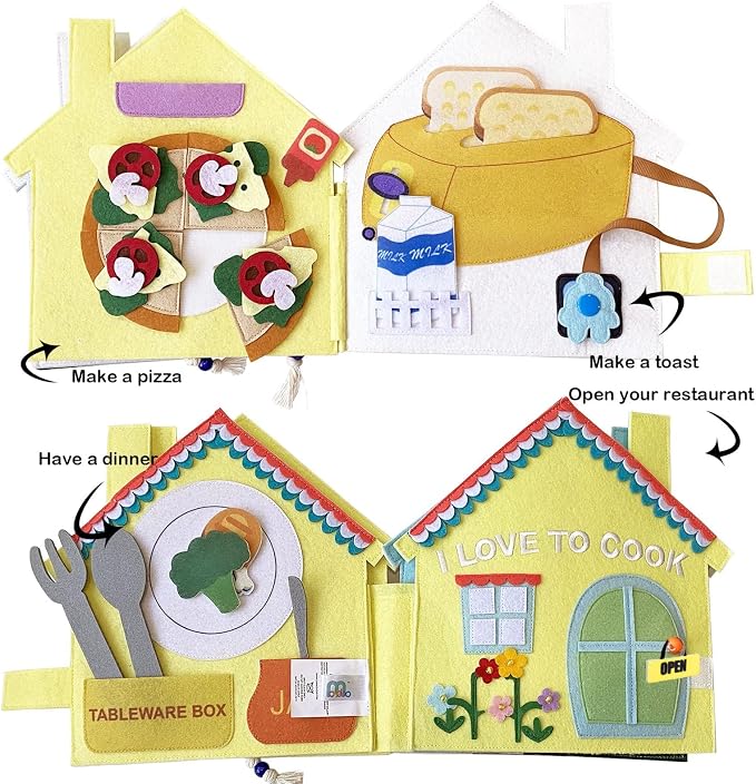 Quiet Book for Toddlers 1-3,Fun Interactive Busy Book with Cooking,Fishing,Planting,Pizza Making & Dinner Prep – Montessori Toy (Kitchen Story)
