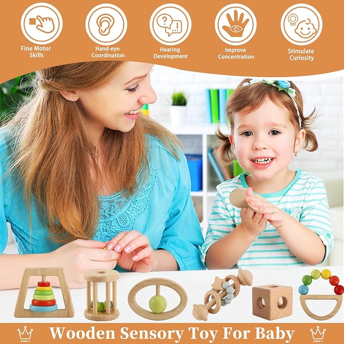 Wooden Baby Rattle, 8PCS Wooden Baby Toys for 7-24 Months Babies, Wooden Montessori Grasp Toy, Natural Beech Wood Baby Grip Toy, Wooden Rattles Toy for Infant Grasping (Colorful)