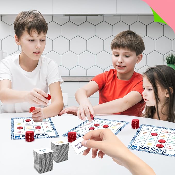 SpriteGru Spanish Bingo Game, 25 Bingo Board Spanish & English Vocabulary Word Game Bilingual Educational Toys for Language Learning - Ages 5 and up (Up to 25 Players)