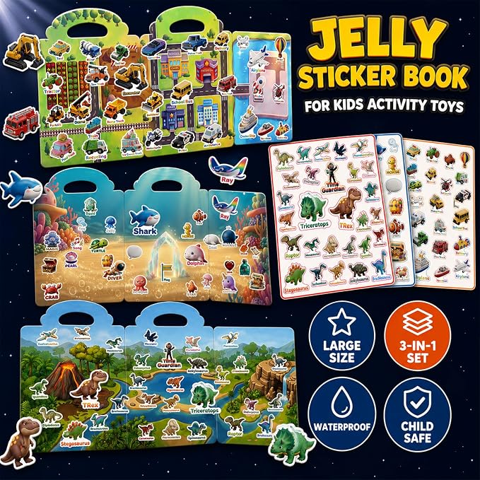 Large Reusable Jelly Sticker Books for Boys 4-8, Kids 3-6, 3 Sets | 3D Puffy Stickers | Sticker Activity Toy | Quiet Travel Toys | Screen-Free Play | Boys Gift Ages 3-8