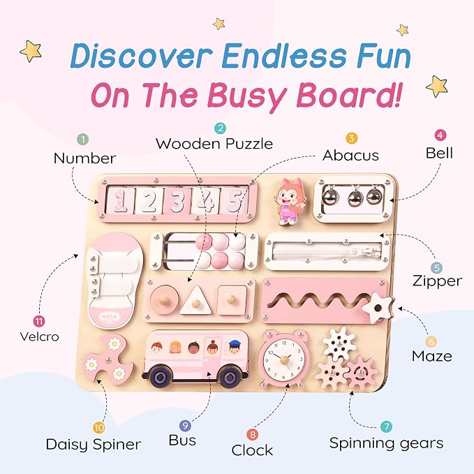 Large Montessori Busy Board for Baby & Toddlers 1-3 — 17-Inch Wooden Sensory Activity Board — Fine Motor Skills & Early Learning Educational Toy for 1 2 3 Year Old, Travel Friendly & Safe
