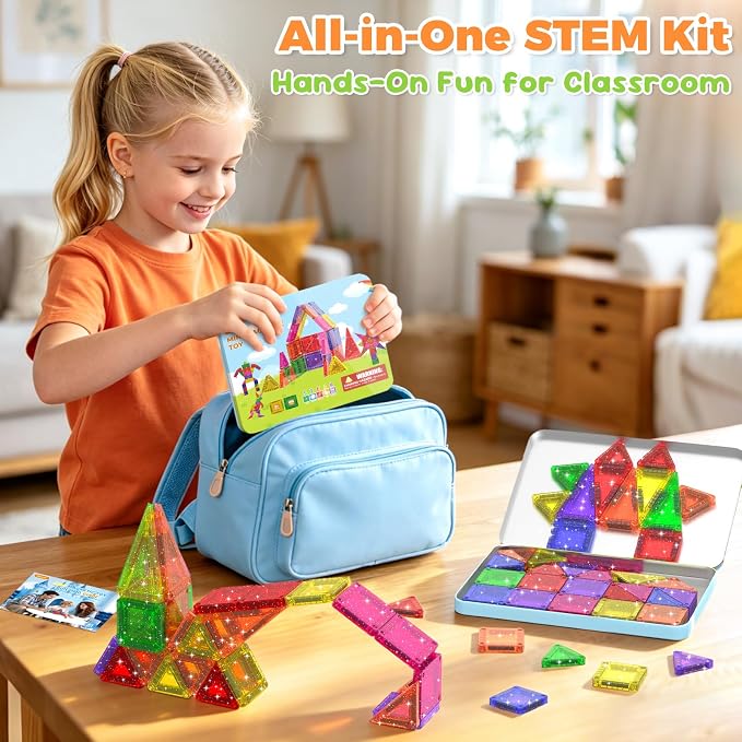 46PCS Glitter Mini Magnetic Tiles Travel Set with Storage Case | Portable Magnetic Blocks Building Toys for Toddlers Kids Ages 4-8, Classroom STEM Learning Toys for Boys Girls Birthday Gift