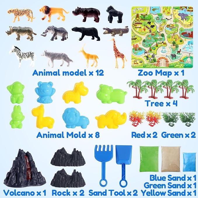 Billeeit. Animal Sensory Bin Sand Toy | Play Sand Kit w/lid and 2.2lbs Moldable Sensory Sand, Molds, Tools, Map Set 30+pcs Total, Fun Gifts for Kids 3+