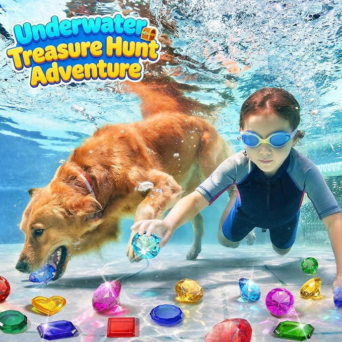 Diving Toys for Kids, Seek Treasure Underwater Pool Gem Hunt Pool Game | with 60PCS Sinking Gems, Pirate Treasure Chest, 35PCS Game Cards, Summer Swimming Pool Toys for Toddlers Kids Age 3-10