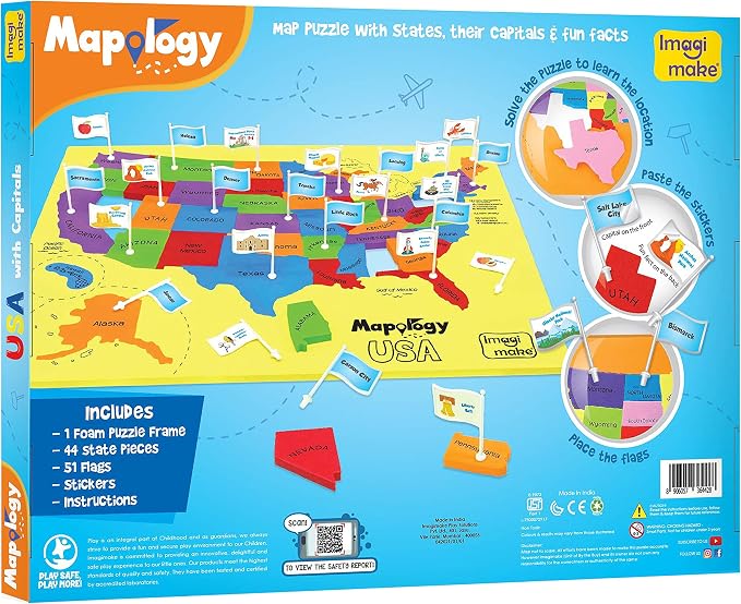 Imagimake Mapology USA Map Jigsaw Puzzle, Learn States, Capitals with Flags | 50 State Puzzle, Learn USA Capitals, Back to School Gift for Boys & Girls Ages 5,6,7,8,9,10,11,12 Years Old