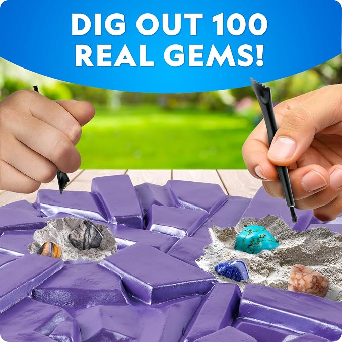 National Geographic Gigantic Gemstone Dig Kit with 100 Real Gems | Giant Dig Brick, Amethyst Quartz and Tiger's Eye, Gem Mining Activity, Excavation Tools, Magnifying Glass, Birthday Gift