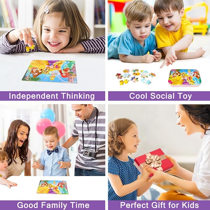 MZZOTOY Princess Puzzles for Kids Ages 4-8, 60 Pieces for Kids Ages 3-5 Princess Puzzle for Girls and Boys Toys Jigsaw Puzzles in a Metal Box Educational Puzzles (Princess)