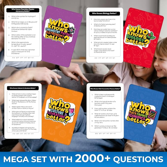 Card Games for Kids 8-12 - Set of 4 Board Family Games for Kids and Adults | Trivia Cards for Family Game Night - Who Knows It Better 2000+ Questions Across Biology, Culture, STEM and Math