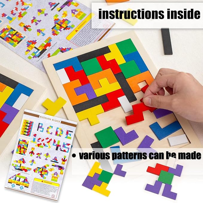 3 otters Wooden Blocks Puzzle 2 Set Russian Brain Teaser Tangram Intelligence Toys STEM Montessori Educational Gift for Kids Stocking Stuffers (Pack of 3)