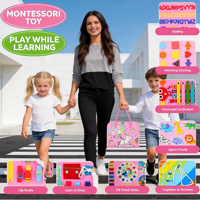 Montessori Busy Board for Toddlers – Sensory Busy Book with Buckles, Zippers, Letters, Animals, Toddler Activities – Fine Motor Skills Development Learning for Boys Girls Travel Activity