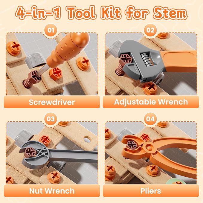 CUTE STONE 200PCS Toddler Tool Set with Electric Toy Drill | STEM Construction Building Toy, 2-in-1 Tool Bench & Storage Box, Montessori Pretend Play Gift for Kids Boys Girls Ages 3-6
