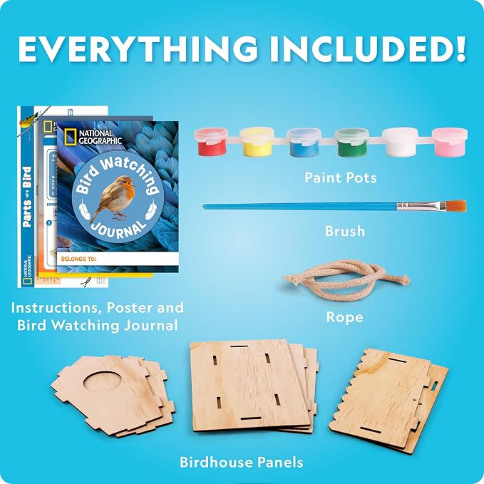 National Geographic Build Your Own Wooden Birdhouse Craft Kit for Kids | DIY Wooden Birdhouse, Paints and Brush, Bird-Watching Journal, Educational Poster, Outdoor Nature Craft, Birthday Gift
