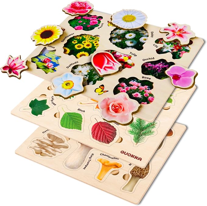 Wooden Puzzles for Toddlers 2-4 - 3 Montessori Kids Puzzles Ages 3-5 | Realistic Wood Educational Baby Puzzles 12-18 Months – Learning Toddlers Puzzles with Mushrooms Flowers Leaves