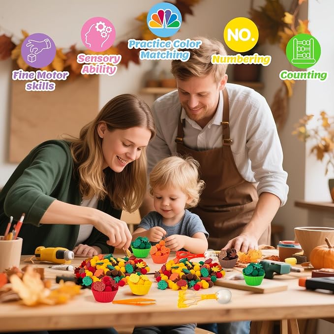 EZdhuawuse Fall Sensory Bin Fillers Toys- 267Pcs Thanksgiving Gifts Fine Sorting Stacking Motor Toys for Kids, Autumn Glitter Felt Maple Leaf Pumpkin Sorting Activity for Preschool Early Development