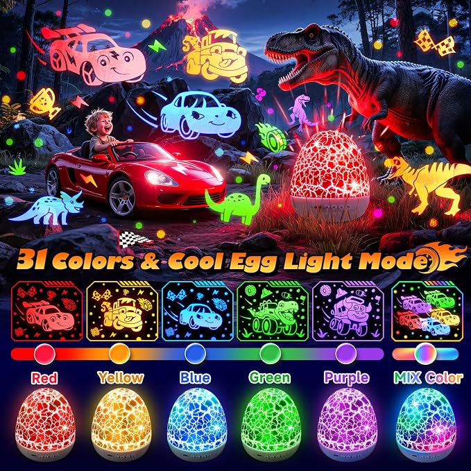 PIKOY Cars Toy Projector, 6 HD Films Kids Night Light, 15 Sounds Egg Light | 31 Colors, Remote Control, 360° Rotation, Car Toys for Toddlers 1-3 Boy Cars Toys for 3-5 Year Old Boy Birthday Gifts for 4-6
