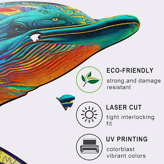 Mys Aurora Wooden Puzzles, Dolphin Jigsaw Puzzles 200 Pieces | Unique Shaped Wooden Puzzles for Adults and Kids, Family Game 11.4x11 Inch