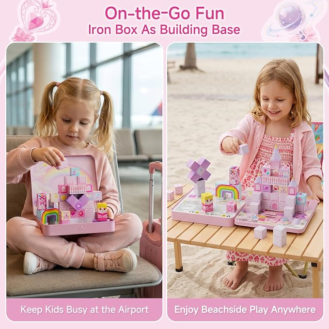 Unicorn Magnetic Blocks Girls: 48 PCS Princess Castle Building Set | Exclusive Cones & Wands, 300+ Build Combos, 60+ Min Quiet Play, Sturdy Tin Box, Travel Toy for Girls Ages 3-8