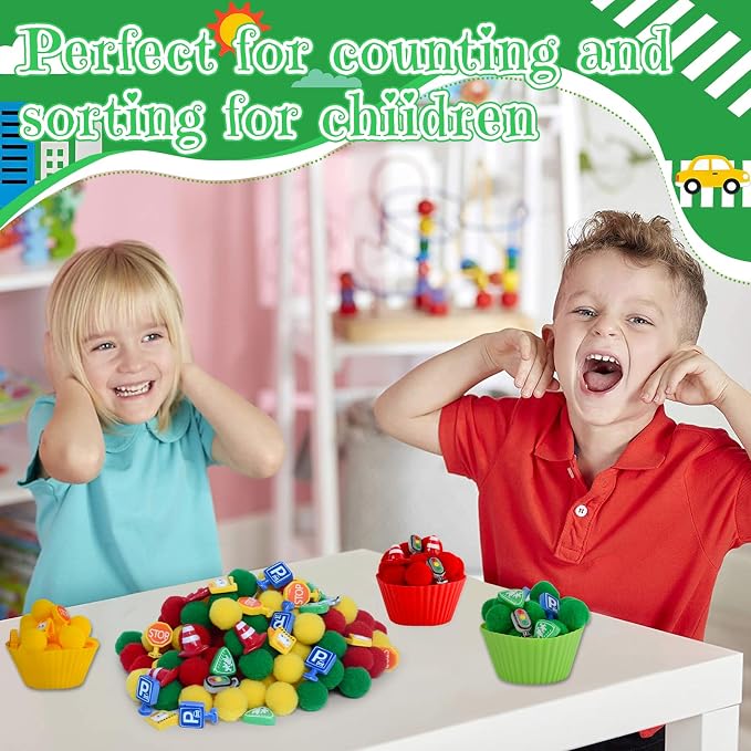 169pcs Traffic Signs Sensory Bin Filler Fine Motor Toys Traffic-themed Sensory Bin Items Traffic Light Stop Sign Traffic Cones Parking Sign Crosswalk Pom Poms for Preschool Color Counting Sorting