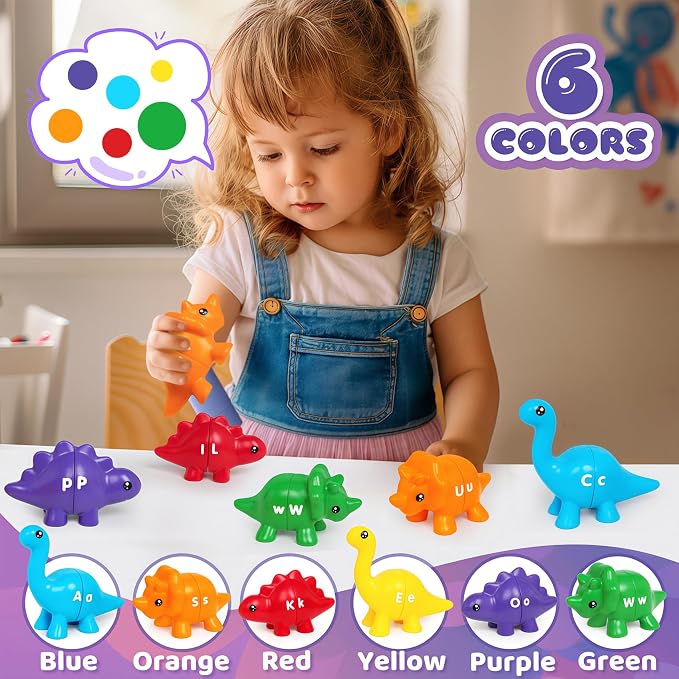 13Pcs Dinosaur Alphabet Learning Toys, Double-Sided ABC Matching Game | Montessori Preschool Educational Sensory Toy, Preschool Travel Activities, Christmas Birthday Gifts for Boys Girls