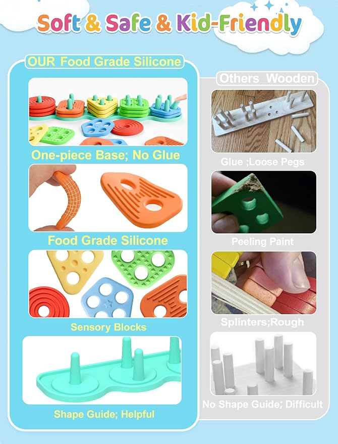 Silicone Shape Sorting & Stacking Toys - Montessori Toys for Toddlers 1-3 | Soft Safe Food Grade Silicone | 20pcs Textured Color Blocks | Learning Sensory Toy | 1 2 3 4 Year Old Boy Girl Birthday Gifts