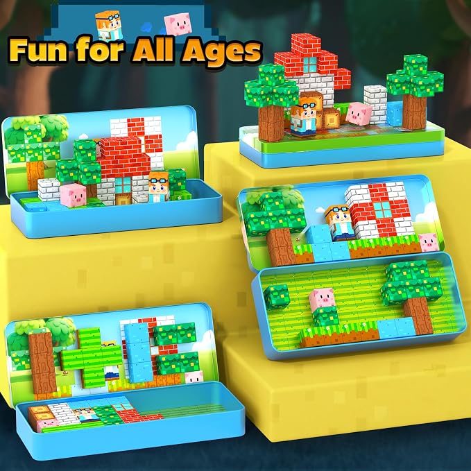 Magnetic Blocks Kids Travel Toys with Portable Metal Tin Montessori Toys | Building Blocks STEM Magnet Magnetic Tiles Toddler Kids Toys for 3+ Year Old Boys & Girls, Classroom Must Haves Creative Gift