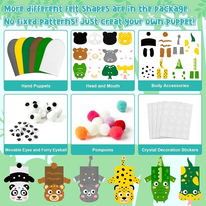 WATINC Hand Puppet Making Kit, Felt Sock Puppet Toys for Kids (Wild B) | 6 Styles, Make Your Own Storytelling & Role Play Crafts, Creative Group Activity, Party Favors & Gifts for Kids Ages 4-8