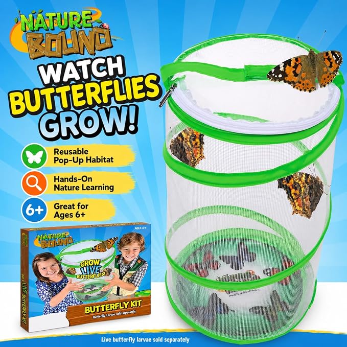 Nature Bound Butterfly Growing Kit - Live Caterpillar to Butterfly Project for Kids - Includes Voucher for Caterpillars, Green Pop-Up Enclosure, and STEM Learning Guide