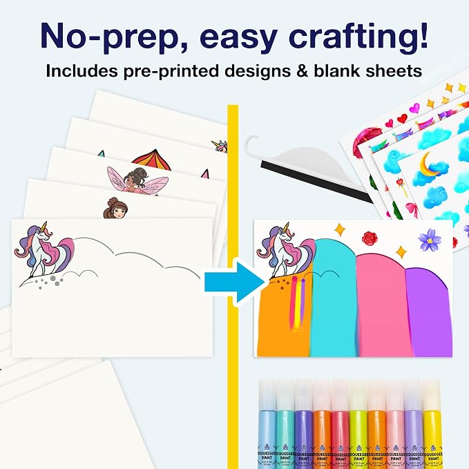 Squeegee Rainbow Squeeze Art Kit for Kids - Princess & Unicorn Design | Kids Stickers Included, Mess Free Paints, Girls Birthday Gifts Age 6-7 8 10, Develops Fine Motor Skills, STEAM Activity