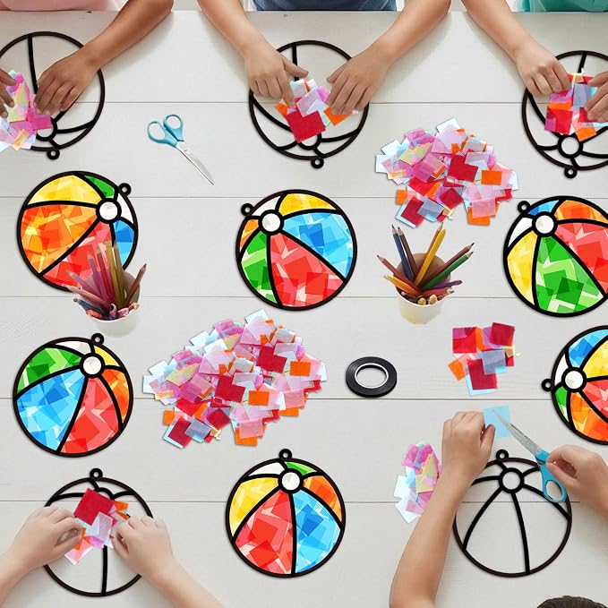 Qyeahkj 36 Set Beach Balls Suncatchers Craft for DIY Summer Party Paper Craft Kit Game Beach Balls Stained Glass Window Ornaments Decoration for Home Art Project Party Favor Gift